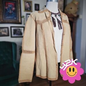 IDI by Mathew Leather‎ Jacket Vintage Y2K Tan Suede Crochet Trim Boho Western XL